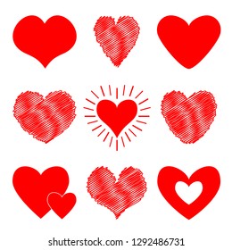 Red heart icon set. Happy Valentines day sign symbol template. Different shape. Paper and scribble line effect. Cute graphic object. Flat design. Love greeting card. Isolated. White background. Vector