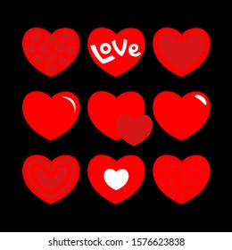 Red heart icon set. Happy Valentines day shining sign symbol simple template. Love greeting card. Cute graphic object. Flat design style. Isolated. Black background. Vector illustration