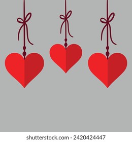 Red heart icon set. Happy Valentines day sign symbol simple template. Hanging dash line, bow. Cute graphic object. Flat design style. Love greeting card. Isolated. grey background 3 9 8