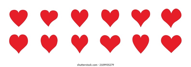 Red heart icon set. Heart icons hand drawn of different shapes. Symbols of love. Romantic symbols. Vector illustration.