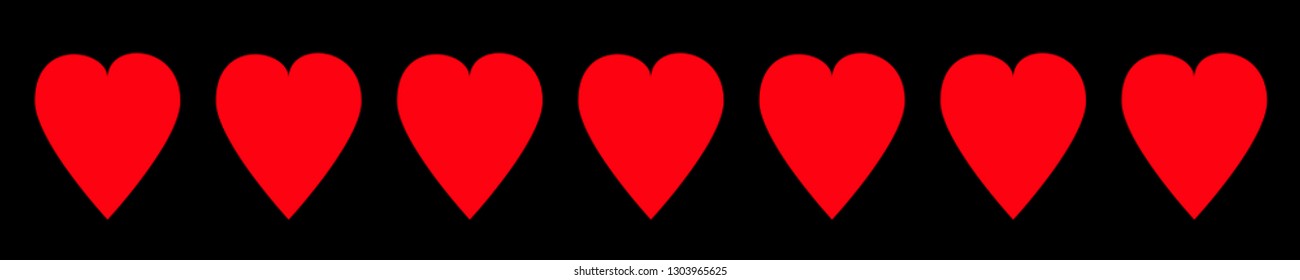 Red heart icon set line. Border pattern. Love sign symbol. Happy Valentines Day. Flat design. Black background. Isolated. Vector illustration