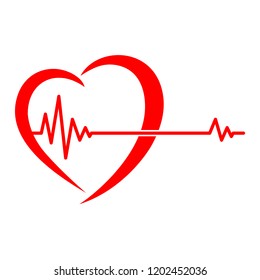 Red heart icon with sign heartbeat in flat design. Vector illustration. Medical symbol