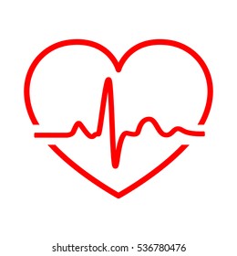 Red Heart Icon With Sign Heartbeat. Vector Illustration. Heart In Flat Outline Style.