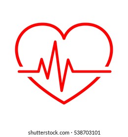 Red heart icon with sign heartbeat. Vector illustration. Heart in flat outline style.