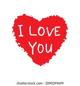 Red heart icon. Text I love you. Colored ink silhouette. Front view. Vector simple flat graphic hand drawn illustration. The isolated object on a white background. Isolate.