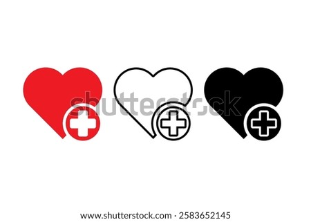 Red heart icon. White heart outline. Black heart shape. Vector medical plus.