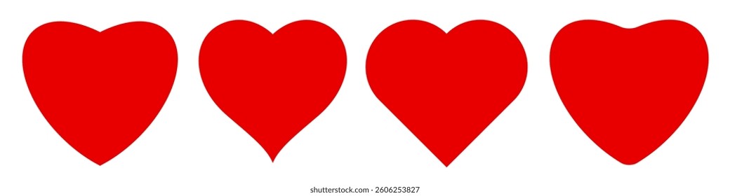 Red heart icons. Set of 4 hearts of different shapes. Flat vector illustration isolated on white background.