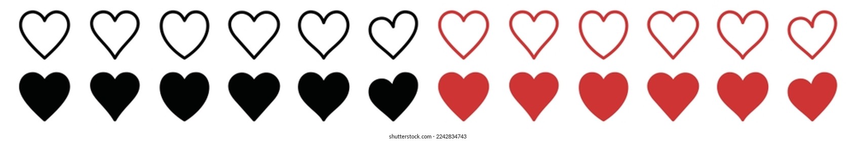 Red heart icons set. Black and red heart icon vector in flat and outline style for apps, websites and emoticon. Love heart sign, symbol illustration
