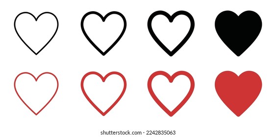 Red heart icons set. Black and red heart icon vector in flat and outline style for apps, websites and emoticon. Love heart sign, symbol illustration