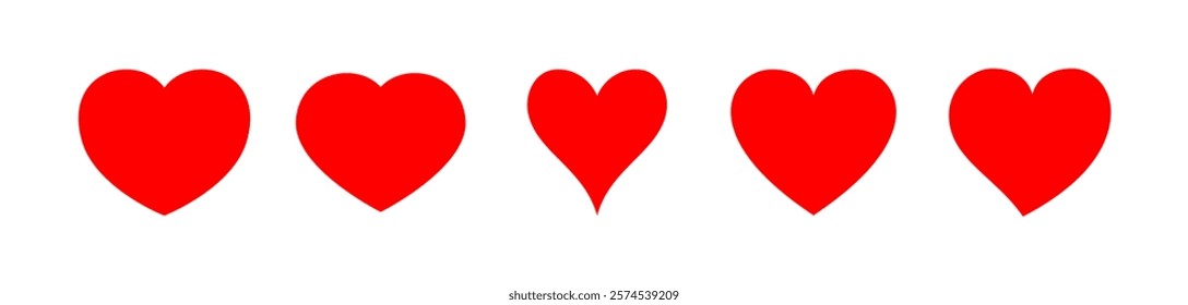 Red heart icons. Set of different red hearts isolated on white background. For Valentine's Day cards, love-themed patterns, romantic decorations and festive illustrations. Modern vector design