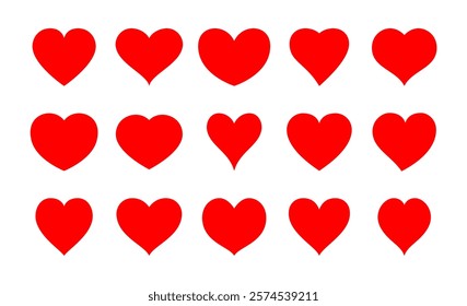 Red heart icons. Set of different red hearts isolated on white background. For Valentine's Day cards, love-themed patterns, romantic decorations and festive illustrations. Modern vector design