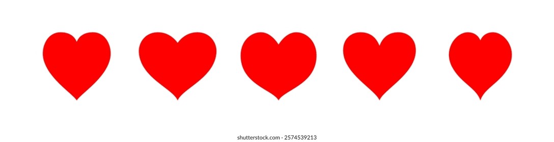 Red heart icons. Set of different red hearts isolated on white background. For Valentine's Day cards, love-themed patterns, romantic decorations and festive illustrations. Modern vector design