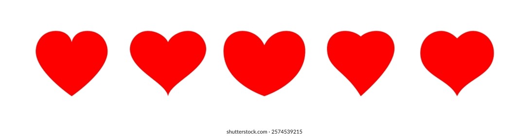 Red heart icons. Set of different red hearts isolated on white background. For Valentine's Day cards, love-themed patterns, romantic decorations and festive illustrations. Modern vector design