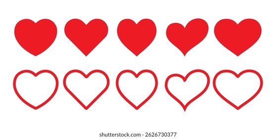 Red heart icons set. Heart icon. Different simple vector hearts and love. Valentine's Day hearts. Vector illustration eps 10