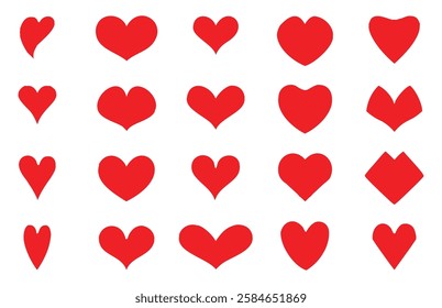 Red Heart Icons Set – Love, Valentine, Romance, Wedding, Passion, and Romantic Symbols Vector Illustration