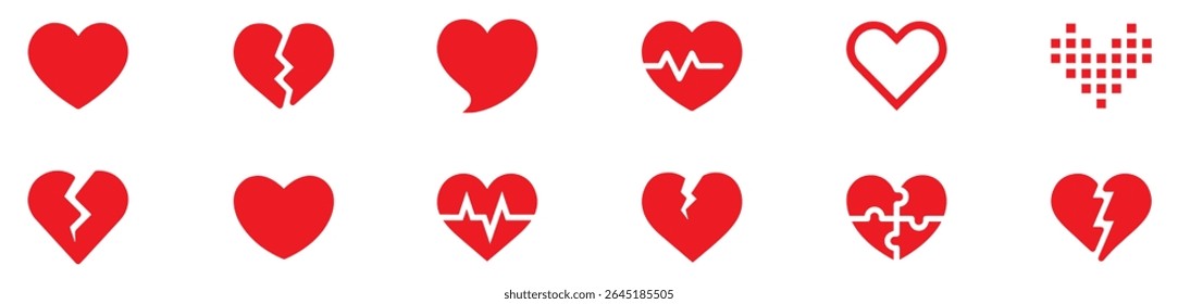 Conjunto de ícones de coração vermelho. Conceito de paixão do amor. Design romântico. Ilustração de vetor. 
