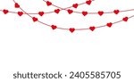 Red heart icons set. Valentine's day decoration. Valentine's day seamless banner or border. Hanging hearts seamless border. Hearts garland.	