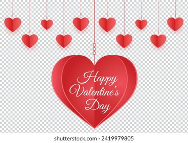 Red heart icons set. Valentine's day decoration. Valentine's day seamless banner or border. Hanging hearts seamless border isolated on transparent background. Hearts garland.