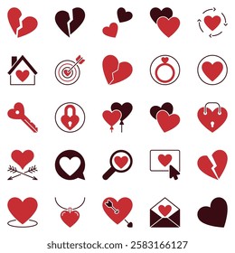 Red Heart icons set. Valentines Day Love Hearts concept vector symbols collection