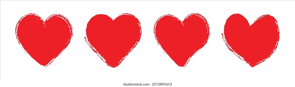Red heart icons set vector. Hand drawn red brush hearts collection. Set of colored charcoal hearts, cute love motif elements.