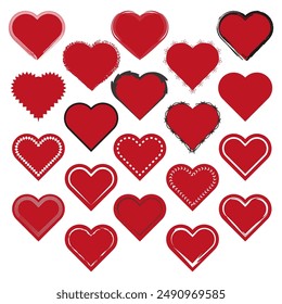 Red heart icons. Variety of heart designs. Black white accents. Vector illustration.