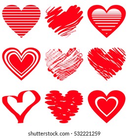 Red heart icons. Vector illustration for happy valentines day holiday design. Romantic shape heart symbol. Love sign graphics. Hand drawning element. Sketch doodle hearts isolated on white background
