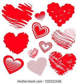 Red Heart Icons. Vector Illustration For Happy Valentines Day Holiday Design. Romantic Shape Heart Symbol. Love Sign Graphics. Hand Drawning Element. Sketch Doodle Hearts Isolated On White Background