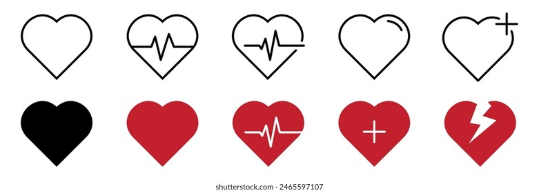 Red heart icons vector. Set of heartbeat icon. Symbol cardiogram heart in linear style - stock vector.