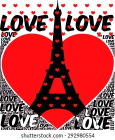 red heart illustration with paris eiffel tower silhouette  with love hearts pattern together and black color love words frame vector print pattern for fashion trends and graphic design,  t shirt print