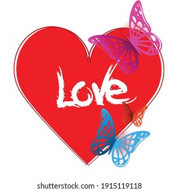 Red heart with an inscription love and butterflies. Valentine's day card