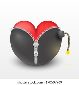 Red heart inside the black bombs. Illustration of peace and friendliness. Vector, isolated and editable