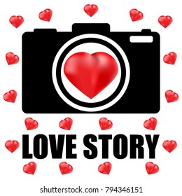 Red heart inside the camera.Love story and wedding hotography and photo studio hand drawn logo black color sketch.  Vector illustration