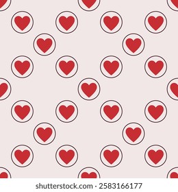 Red Heart inside circle vector seamless pattern - Romantic Love and Relationships concept background