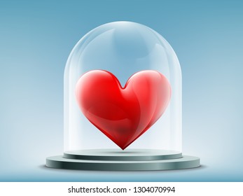 Red heart inside a glass dome. Stock vector illustration.