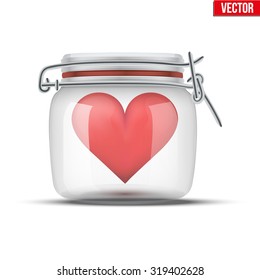 Red heart inside glass jar. Vector Illustration isolated on white background.