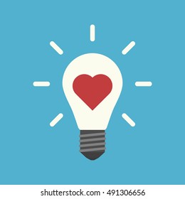 Red heart inside light bulb with rays on blue background. Inspiration, motivation, idea and insight concept. Flat design. Vector illustration. EPS 8, no transparency