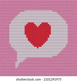 Red heart inside speech bubble knitted on pink background, Wool crochet texture, Knitting sweater design element vector illustration, Cute decoration for Valentine's day, wedding romantic love event