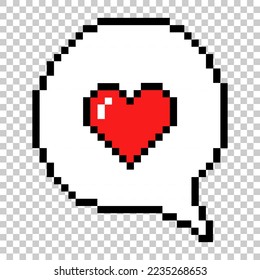 Red heart inside speech bubble pixel art isolated on transparent background. Computer games graphics vector illustration. Cute decoration for Valentine's day, wedding 