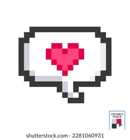 Red heart inside speech bubble pixel art isolated on pink background, Computer games graphics vector illustration, Cute decoration for Valentine's day, wedding romantic love event