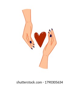 The red heart inside two female hands vector. Two woman palms with heart shape between them. Care, protection and charity concept.
