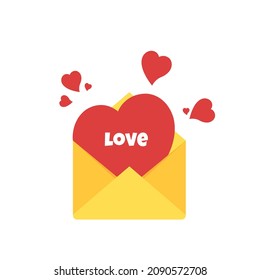 Red heart inside yellow envelope, symbol of love and romantic. Vector illustration with copy space isolated on white background