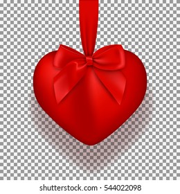 Red heart isolated on transparent background. Realistic symbol of Valentine's Day with bow on tape. Vector illustration.