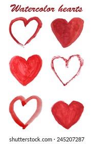 Red heart isolated on white background. Set of watercolor pictures. Vector illustrations for Valentines Day design. 