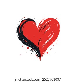 Red heart isolated on white background.  Brush marks and splashes of paint. Symbol of Valentine's holiday. Vector illustration.