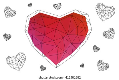 Red heart isolated on white background. Geometric rumpled triangular low poly origami style gradient graphic illustration. Vector polygonal design for your business.