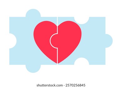 Red heart jigsaw puzzle piece symbolizing love and connection, minimal design in cute vector style for Valentine's Day, romance and affection concepts, isolated icon on white background