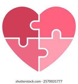 red heart jigsaw puzzle, symbolizing love, connection, and collaboration minimal design in cute vector style for Valentine's Day, romance and affection concepts, isolated icon on white background