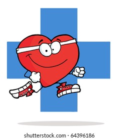 Red Heart Jogging Over A Blue Cross