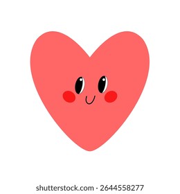 Red heart with joyful face and glossy cartoon eyes in flat vector.
 Use for romantic icons, sweet characters, and kawaii designs.