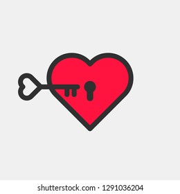 Red heart with with key and keyhole. Vector icon for your design.